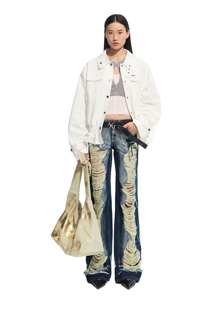 Washed Twill Denim Low-Rise Ripped Jeans NOT0313