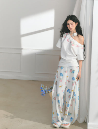Floral Print Edge Lace Wide-Leg Pants SAL0176