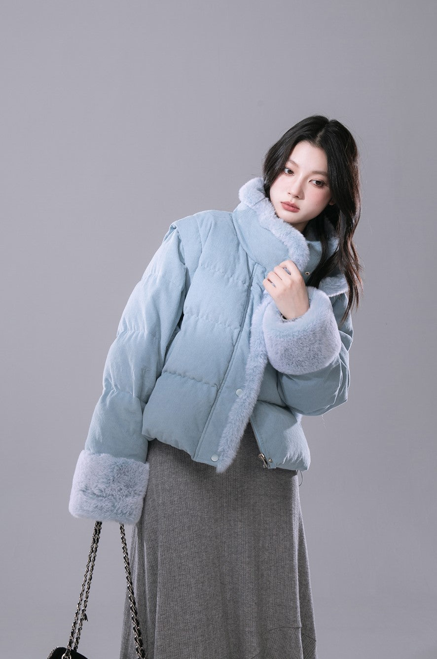 Mist Blue Velvet Detachable Fur Vest Down Jacket COT0180