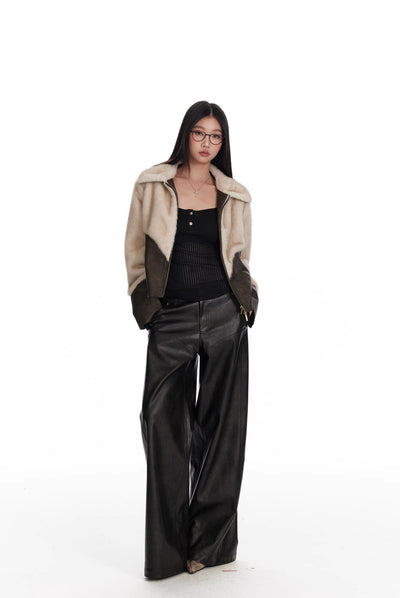 Black Low Waist Slim Wide Leg Straight Leather Pants 4MU0069