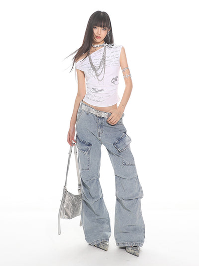 High-end Washed Blue Pleated Wide-leg Jeans UNC0116