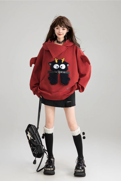 Cartoon Embroidered Lazy Style Loose Hoodie/Black Skirt KEI0179