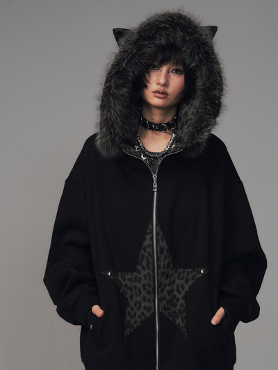 Cat Ear Leopard Print Fur Collar Hooded Jacket FRU0130
