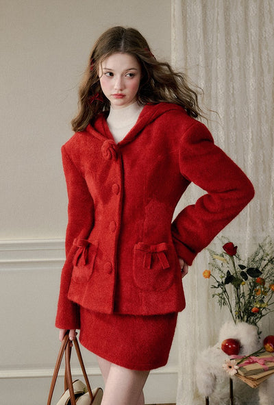 Berry Color Fluffy Bow Rose Decorated Jacket/Skirt GRO0092