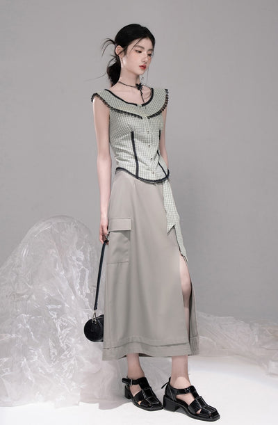 Blue Grey Slit Long Skirt COT0327