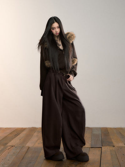 Fleece Pompon Fur Collar Sweatshirt Jacket VIA0355