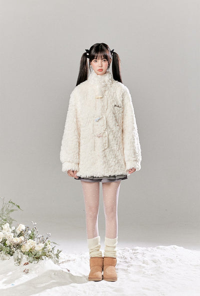 Colorful Horn Button Furry Lambswool Coat/Pleated Skirt TBI0043