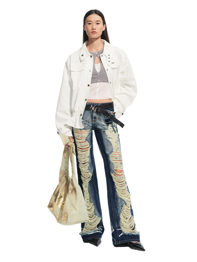 Washed Twill Denim Low-Rise Ripped Jeans NOT0313