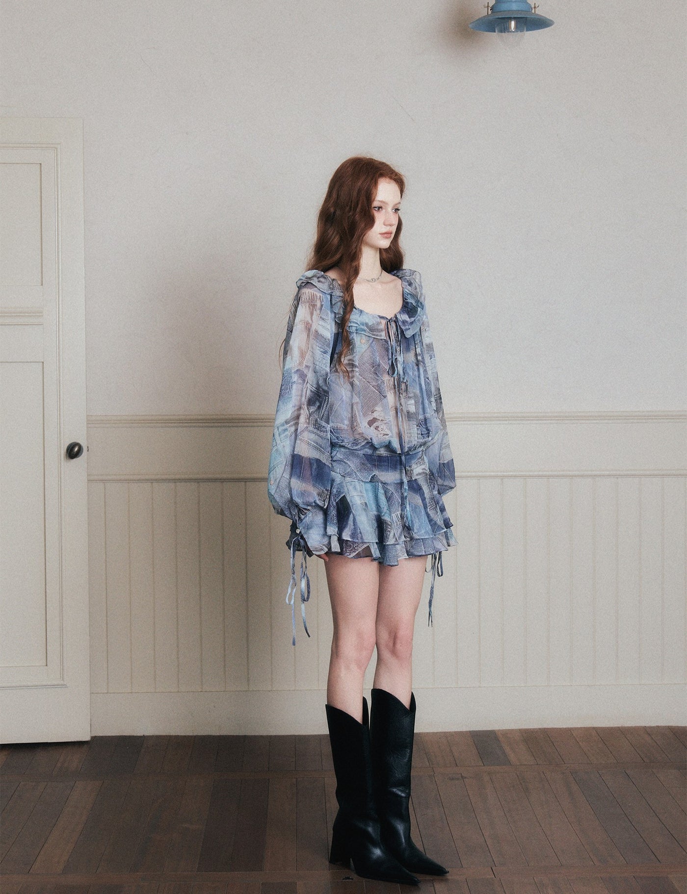 Ruffle Denim Full Print Chiffon Shirt Dress LUL0175