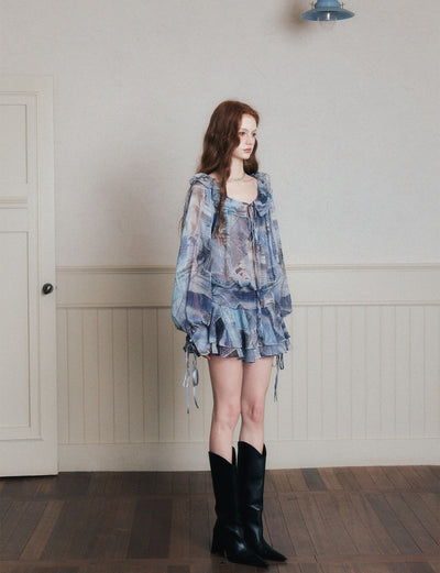 Ruffle Denim Full Print Chiffon Shirt Dress LUL0175