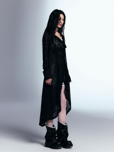 Black Hollow Striped Knitted Long Cardigan CES0059