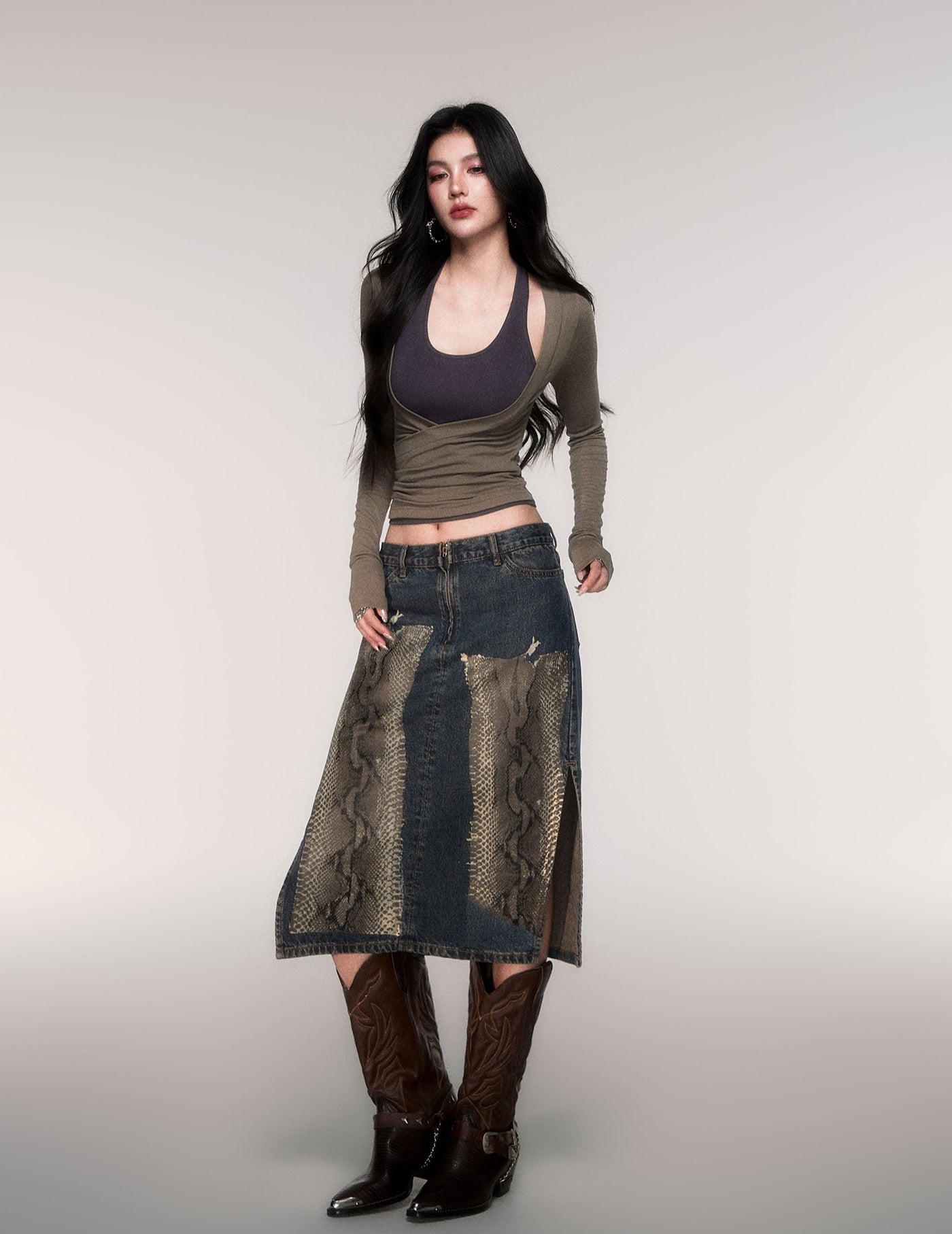 Python Print Straight-Line Denim Skirt LUL0209