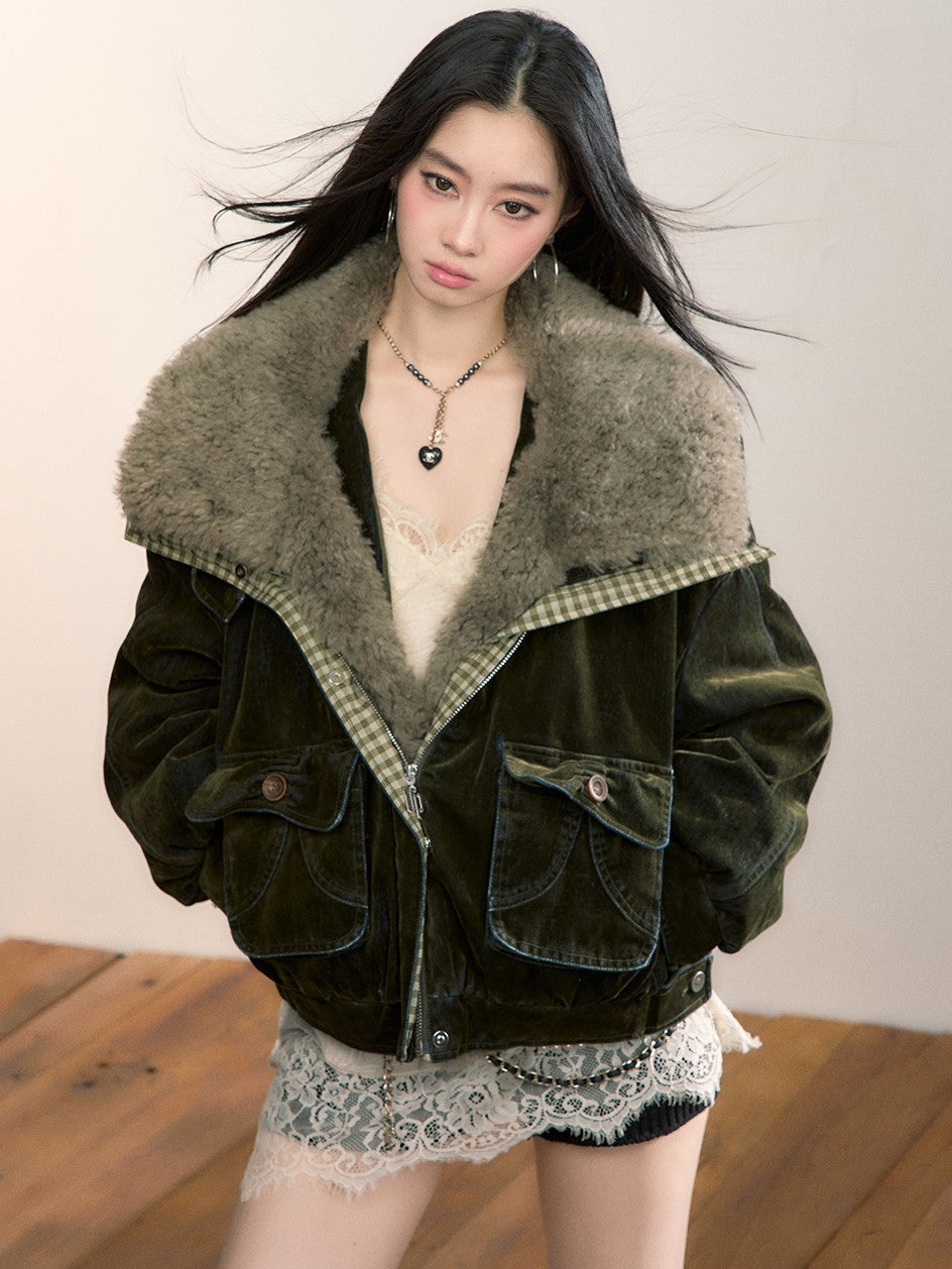 Velvet Denim Large Fur Collar Jacket VIA0362