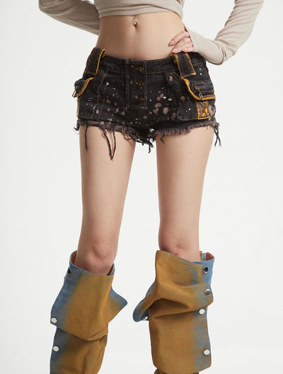 Black Patchwork Leather Denim Shorts UNC0257