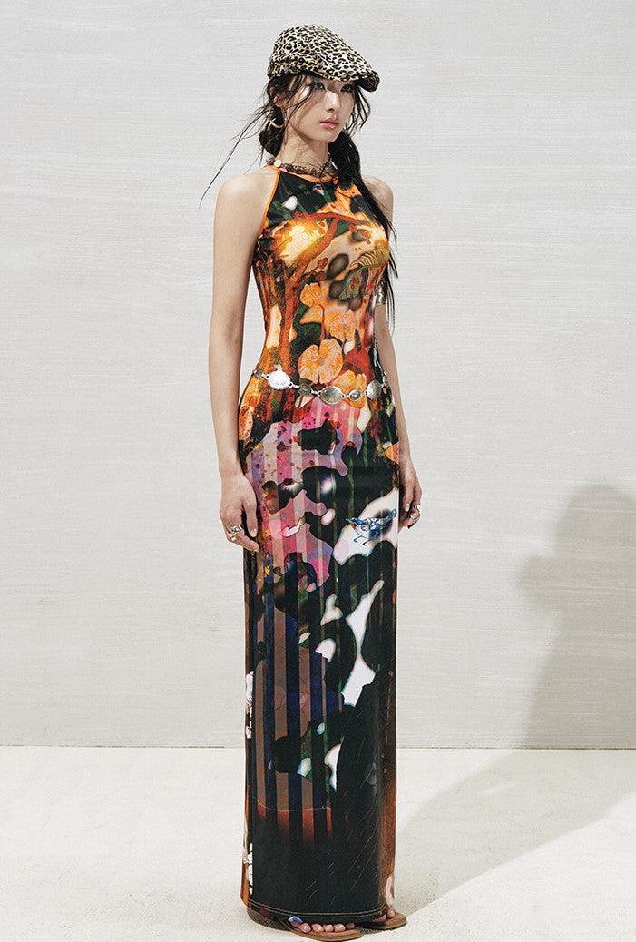 Plant Floral Print Side Slit Dress OFA0267