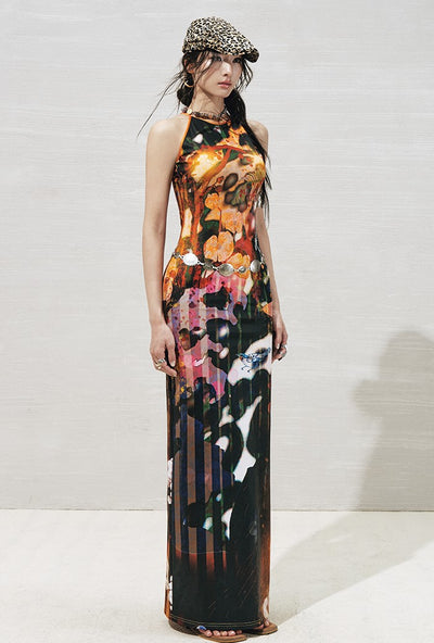 Plant Floral Print Side Slit Dress OFA0267