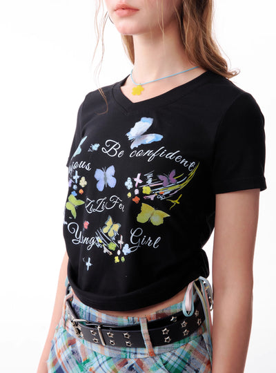 Butterfly Print Drawstring Slim V-neck Short-sleeved T-shirt ZIZ0124