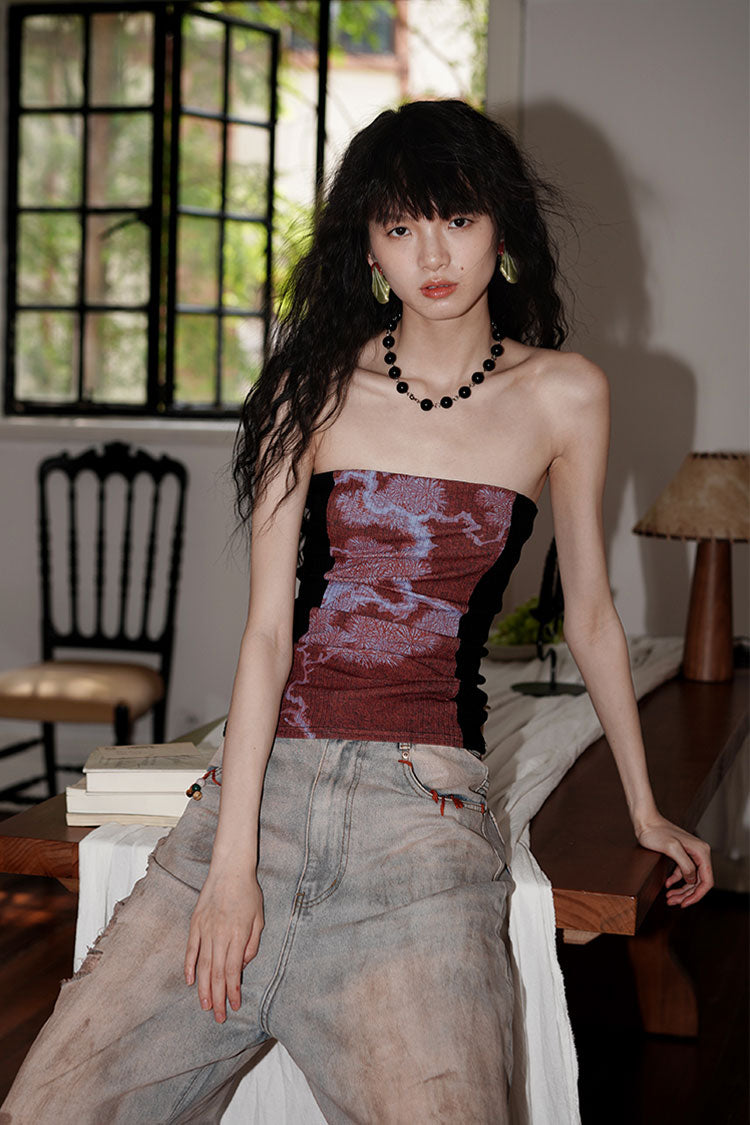 Chinese Design Printing Splicing Slim Tube Top BAD0007