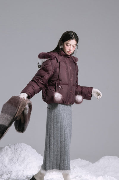 Burgundy Red Fur Ball Short Down Jacket COT0190