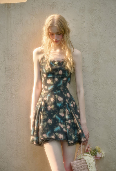 Lace Bowknot Black Printed Dress GRO0157