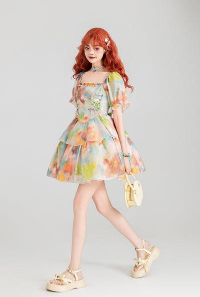 Holiday Painting Style Satin Princess Dress KEI0159