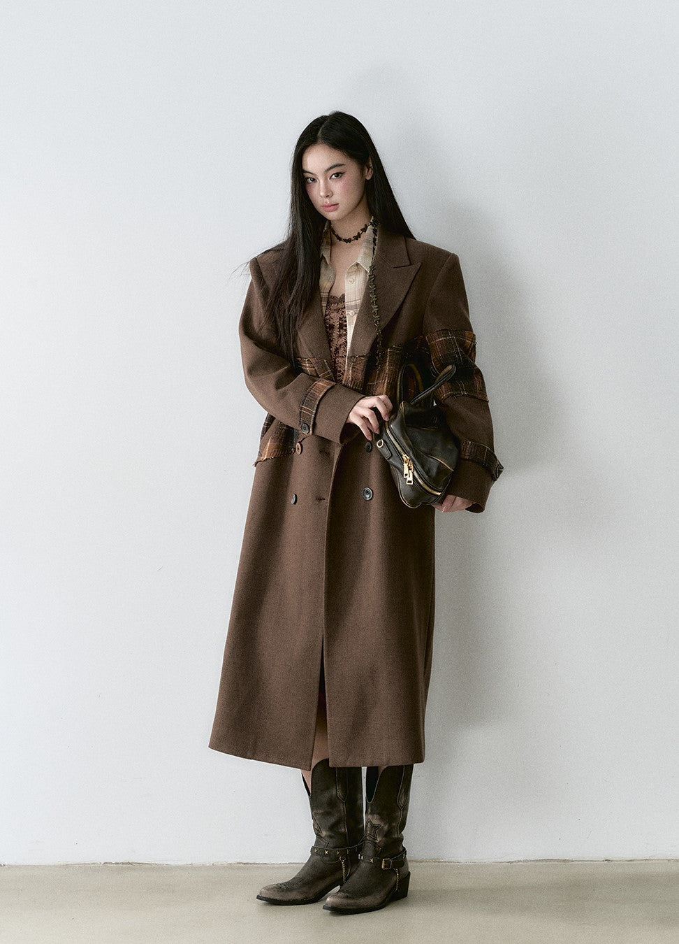 Plaid Stitching Design High-end Wool Long Coat VIA0163