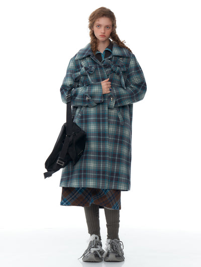 Retro High-end Mid-length Bow Blue Plaid Tweed Coat ZIZ0199