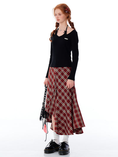 Retro High Waist Slim Medium Long Irregular Red Plaid Skirt ZIZ0190