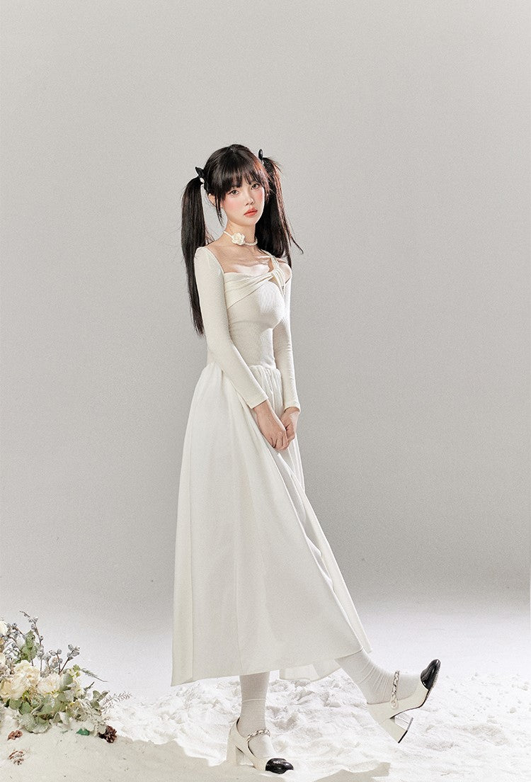 French White Hollow Design Knitted Long Dress TBI0048