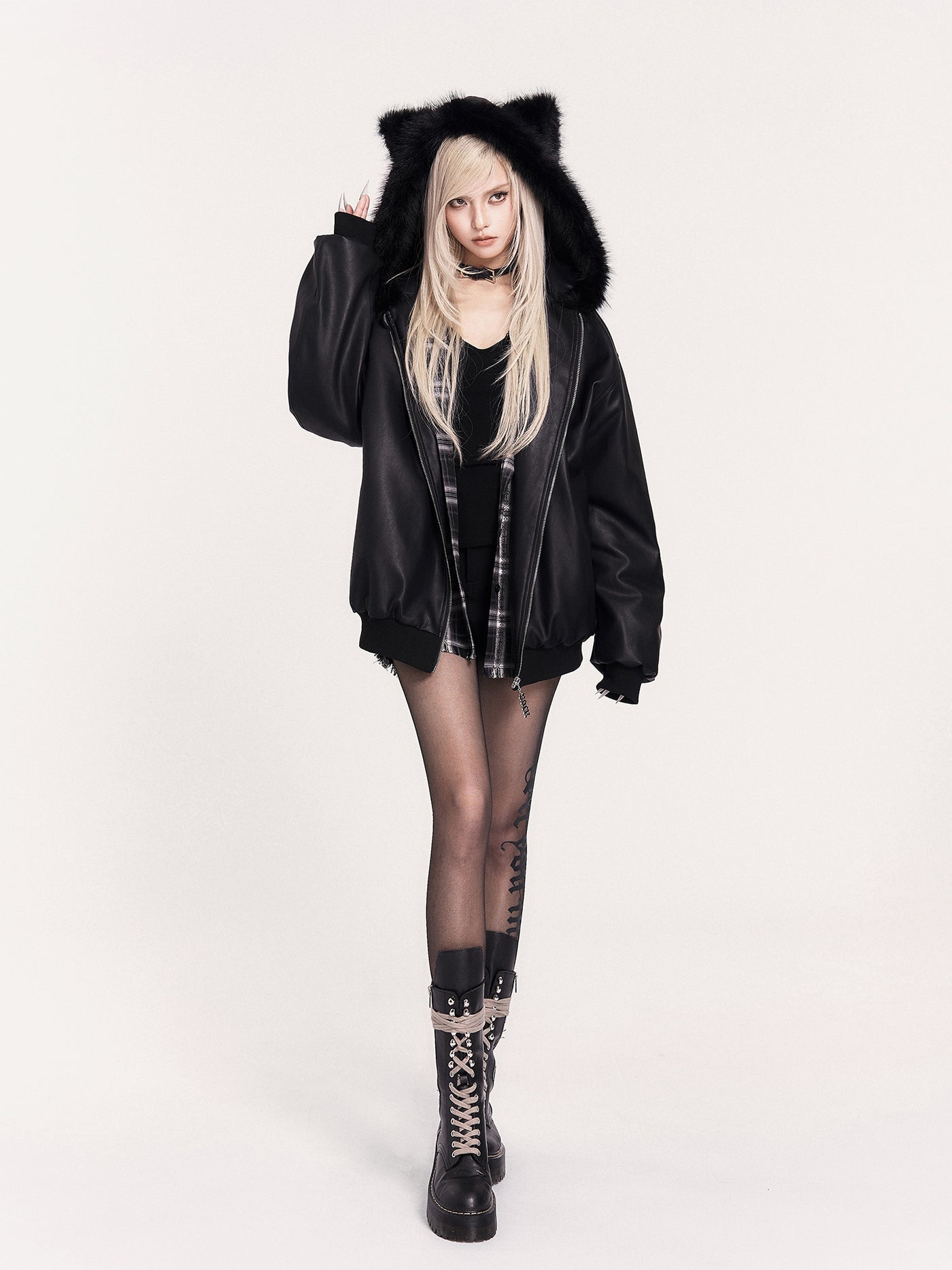 Fur Collar Cat Ears Hooded Leather Jacket VOC0466