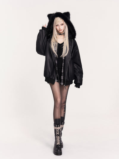 Fur Collar Cat Ears Hooded Leather Jacket VOC0466