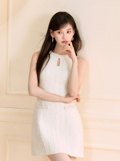 White Halter Neck Beaded Dress OSH0134