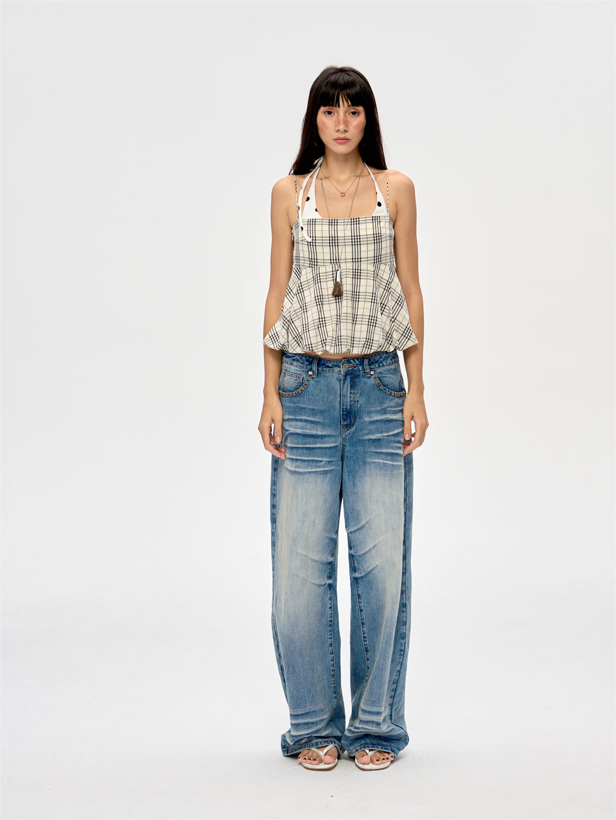Washed Blue Drape Wide-leg Jeans CUR0216