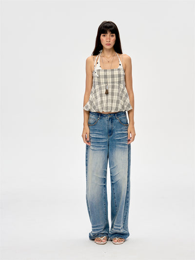 Washed Blue Drape Wide-leg Jeans CUR0216
