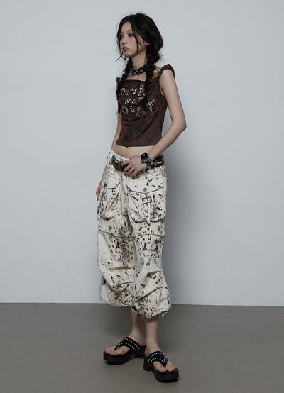 Wasteland Style Loose Leopard Print Two-wear Cropped Pants NOR0079