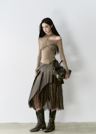 Lace Splicing Leather Pleated Skirt VIA0169