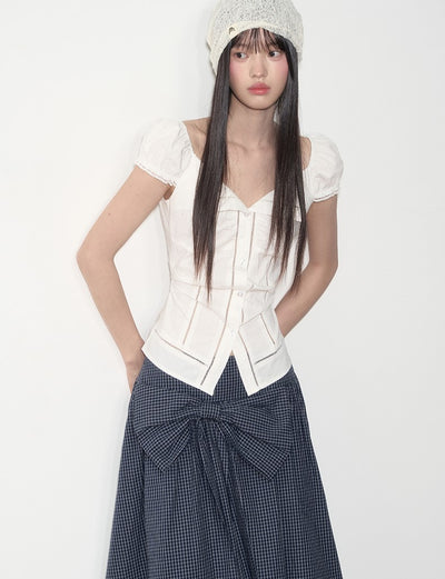 Lapel Lace Puff Sleeve Shirt SOO0001