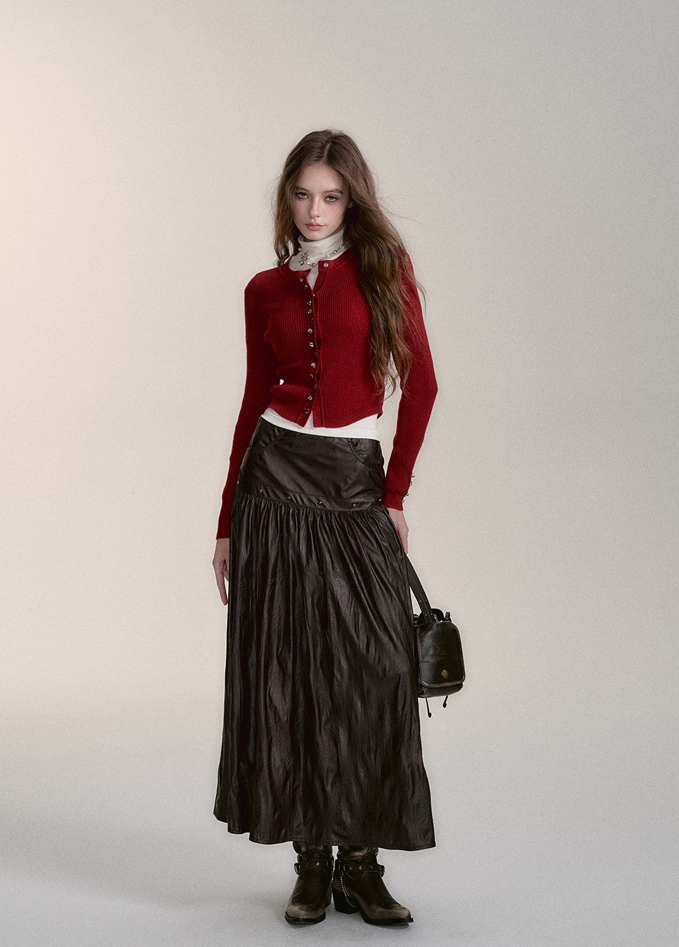 Mid-length Design Imitation Pleated Leather Skirt VIA0177