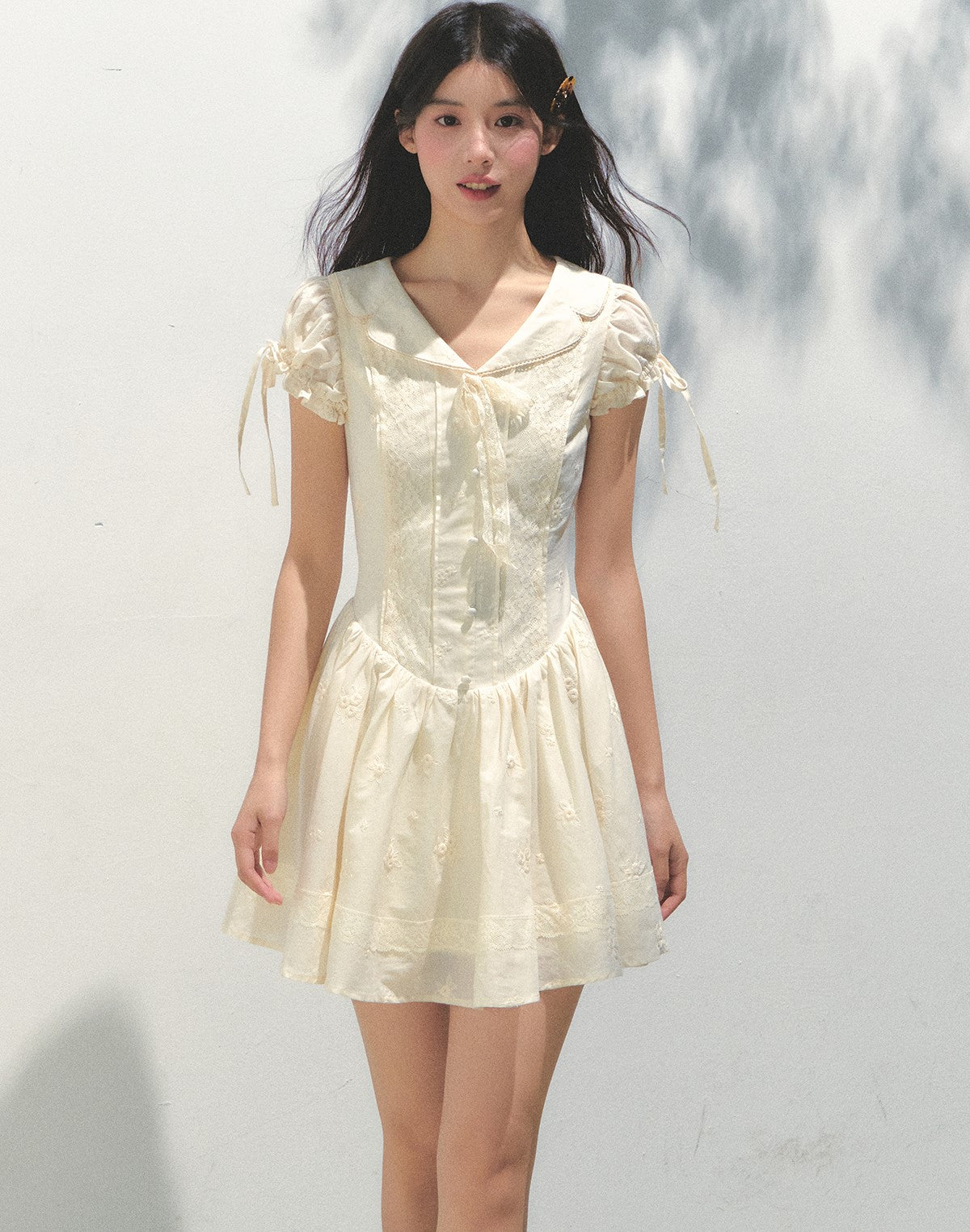 Embroidered Puff Sleeve Shirt Dress SUN0163