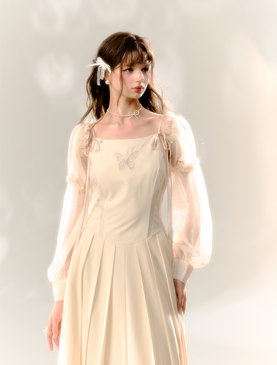 Beige Butterfly Lace Embroidery Suspenders Pleated Dress SUN0069