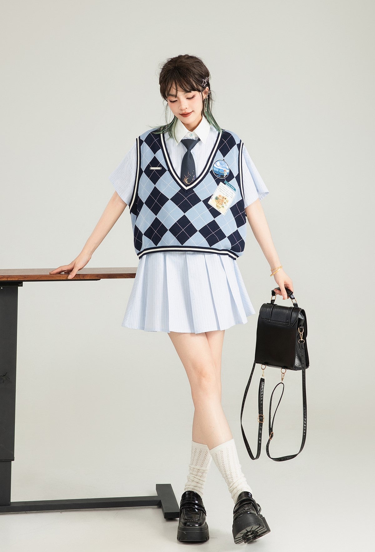 Blue Striped Short-sleeved Pleated Shirt Dress KEI0126