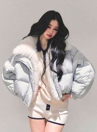 Blue Detachable Fur Collar Short Down Jacket DIA0687