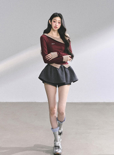 Fake Two-Piece Off-Shoulder Plaid T-Shirt DIA0575