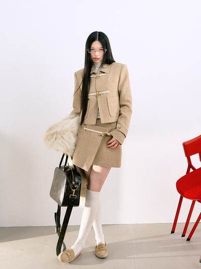 Classic All-wool Horn Button Jacket/Short Skirt LAL0075