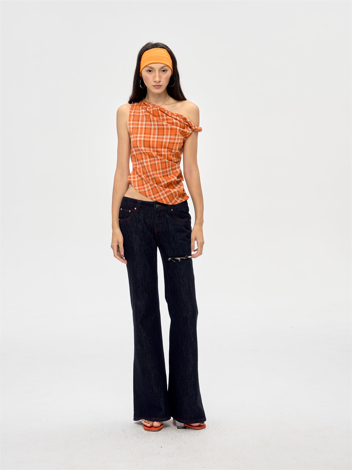 Retro Off-shoulder Plaid Top CUR0208