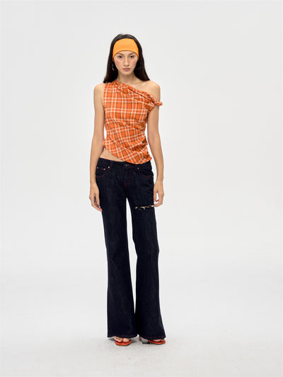 Retro Off-shoulder Plaid Top CUR0208