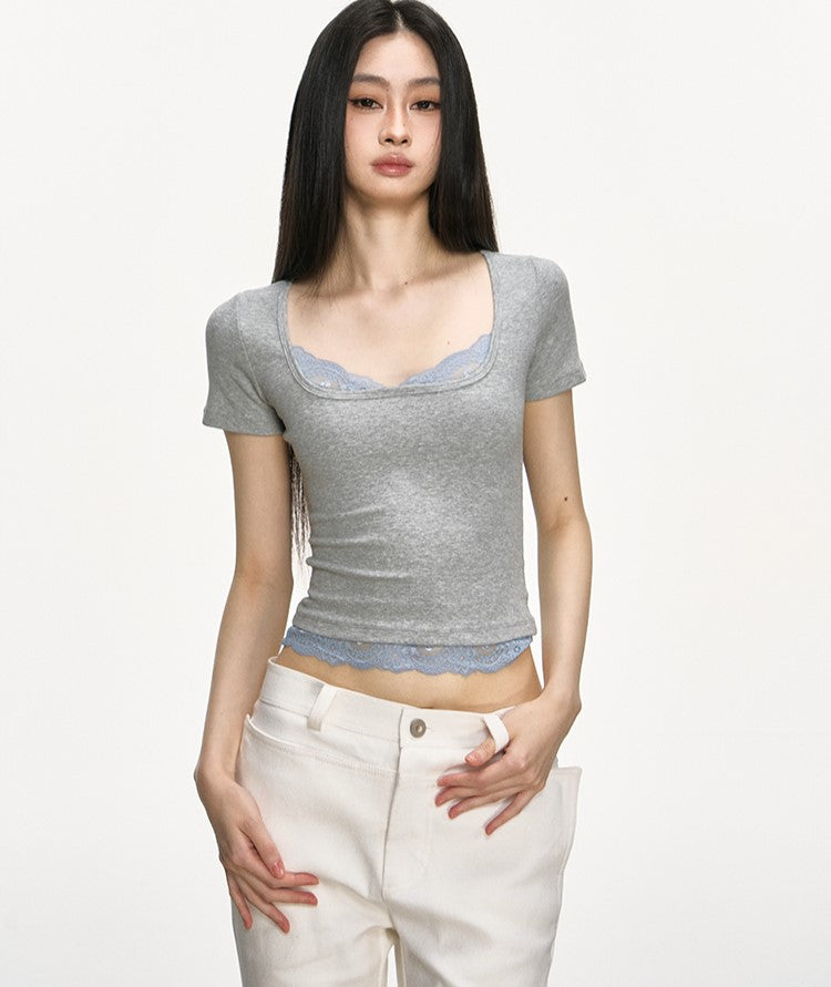 Lace Ribbed Fake Two-piece T-shirt ANA0005