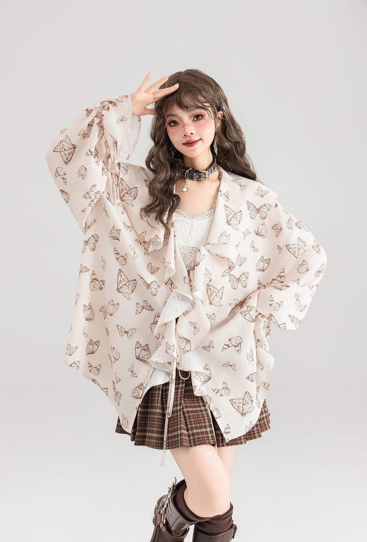 Butterfly Print Loose Lace Large Ruffled Chiffon Shirt/Plaid Skirt KEI0059