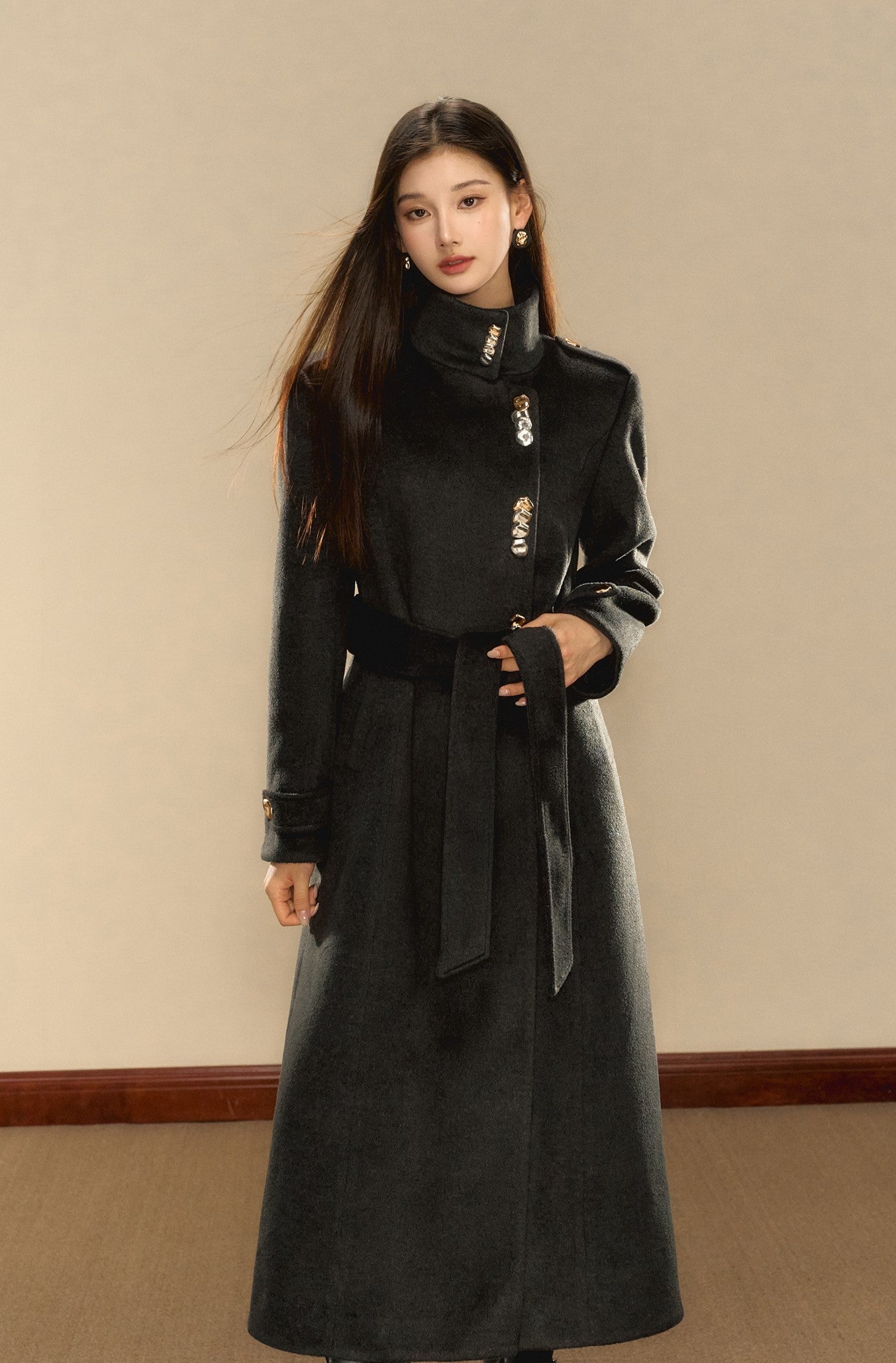 Gray High-grade Pearl Gold Button Long Wool Coat OSH0077