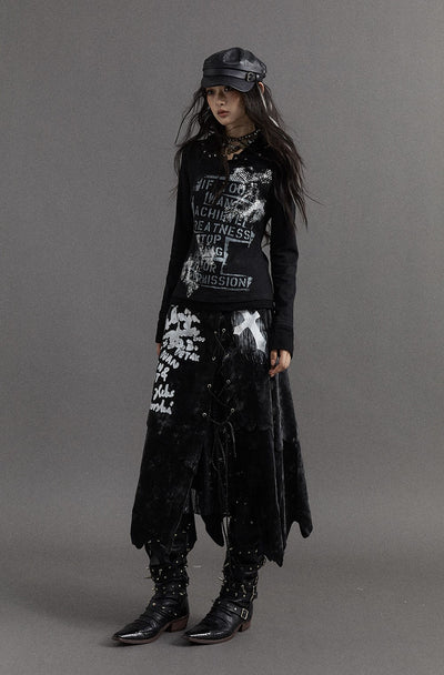 Punk Street Dark Print Lace Irregular Leather Long Skirt NOR0120